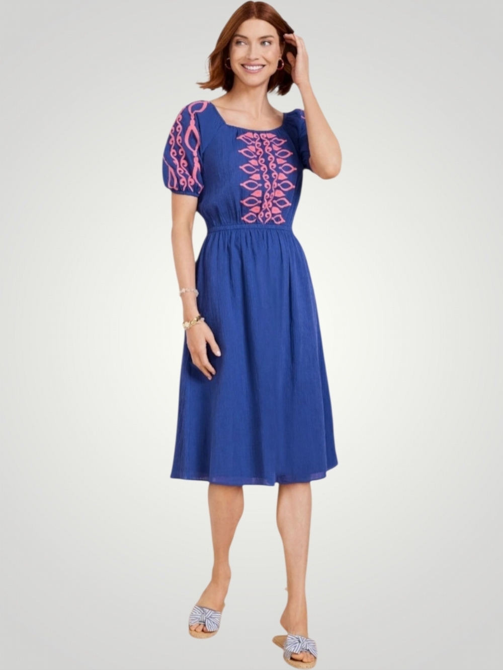 Talbots Crinkle Gauze Dress XL Cobalt Blue Coral‎ Embroidery Square Neck Cotton